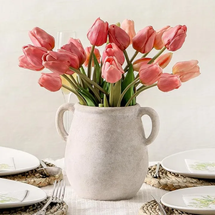 Ceramic Flower Vase Home Decor - 7.1 Inch White Rustic Table Flowers Vases Living Room Bedroom Plant Decoration Modern Farmhouse Vintage for Kitchen Shelf Office Coffee Dining Desk House Women