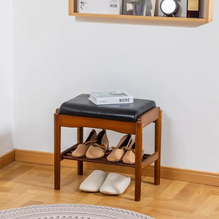 Shoe Bench, Entryway Bench, Wood 2-Tier Shoe Rack with Cushion Padded Seat Shoe Organizer (17.71",Black)