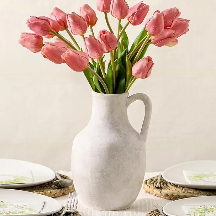 Ceramic Flower Vase Home Decor - 10 Inch Large White Rustic Table Flowers Vases Living Room Bedroom Plant Decorations Farmhouse Vintage for Kitchen Shelf Office Coffee Dining Desk House Women