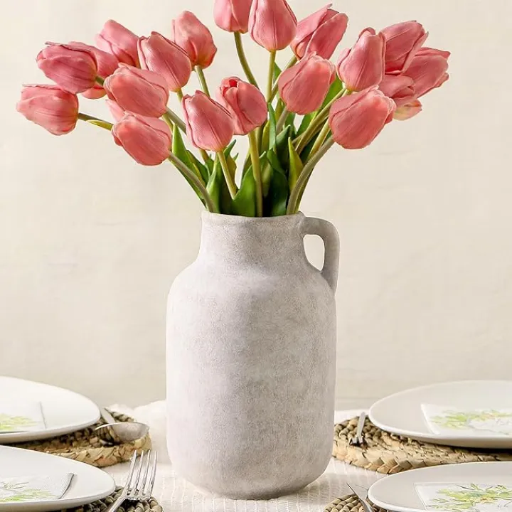 Ceramic Flower Vase Home Decor - 9.7 inch Large White Rustic Table Flowers Vases Living Room Bedroom Plant Decoration Farmhouse Vintage for Kitchen Shelf Office Coffee Dining Desk House Women