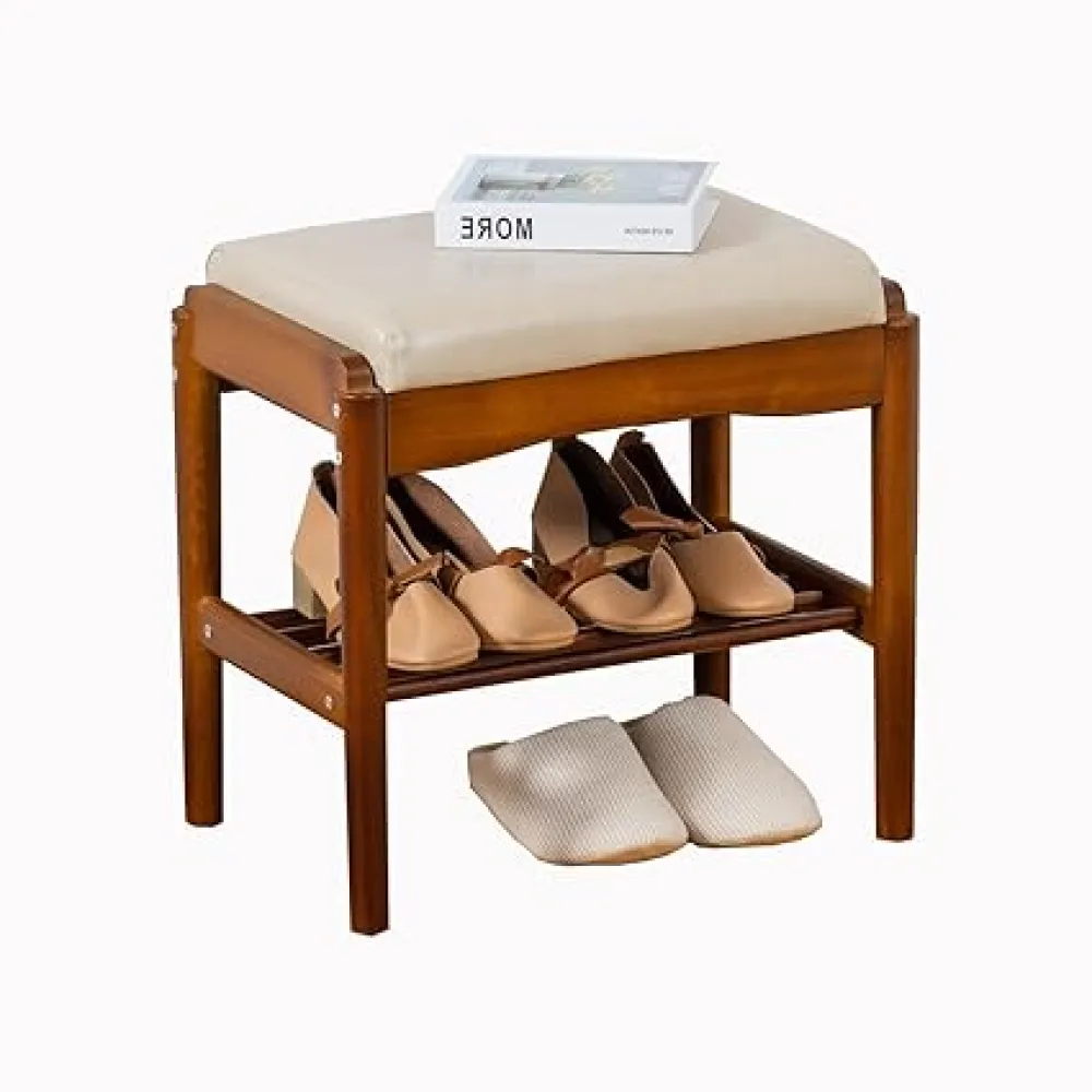 latifolia Small Shoe Bench, Solid Wood Bench with Cushion, 2 Tier Shoe Storage Organizer for Entryway(Walnut,17.71''L)