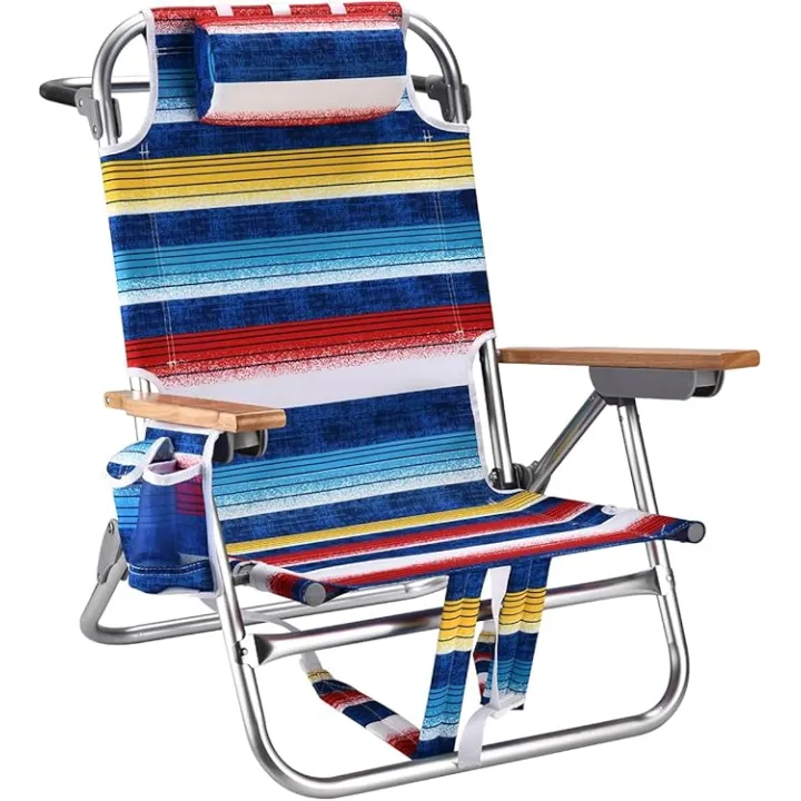 Backpack Beach Chairs for Adults Capacity 300 LBS Low 5 Position Beach Chair with Pouch Straps Folding Lightweight Reclining Aluminum Wide Lay Flat Single