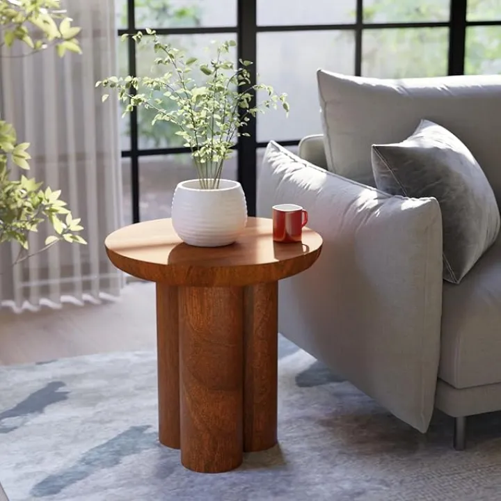 Gaia Round End Table for Living Room and Farmhouse | Solid Mango Wood for Rustic Elegance | Ideal for Side Tables, Nightstands & More | Wood Side Table Round for Bedroom (Walnut)