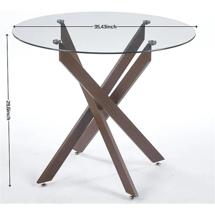 Modern Round Dining Table for 2 4 People, 36 in Glass Kitchen Dining Room Table with Walnut Metal Cross Legs, Space Saving Circle Dinner Tables for Dining Room, Kitchen, Living Room