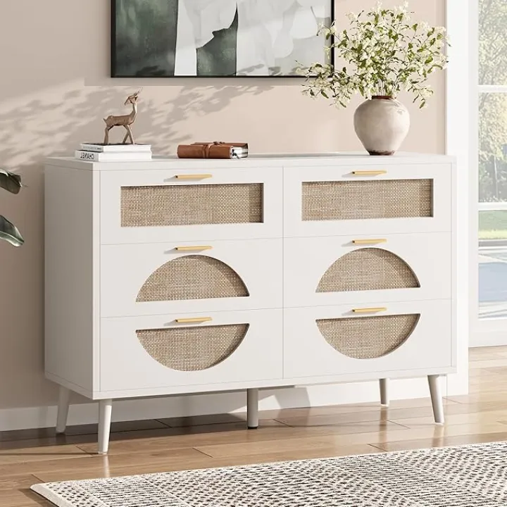 6 Drawer Dresser for Bedroom Modern Boho Rattan Dresser Wood Chest of Drawers with Gold Handles&Wood Legs,Clothes Storage Cabinet,Beside Table for Bedroom,Hallway and Living Room (White and Natural)