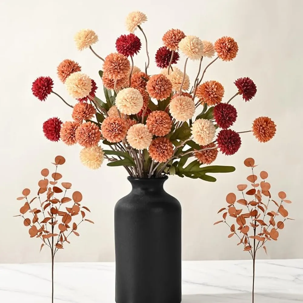 Waipfaru 10pcs Fake Silk Pompon Mum Artificial Fall Flowers, Faux Mini Chrysanthemums with 2pcs Eucalyptus Stems, Fall Decor for Centerpieces Wedding, Multicoloured