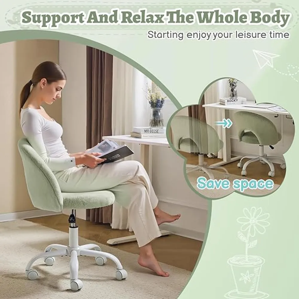 VINGLI Small Vanity Chair with Faux Fur Wheels for Girls,Cute Adjustable Height Armless Office Desk Chair,360°Swivel Comfy Rolling for Study,Make up Room,Small Space,Khaki