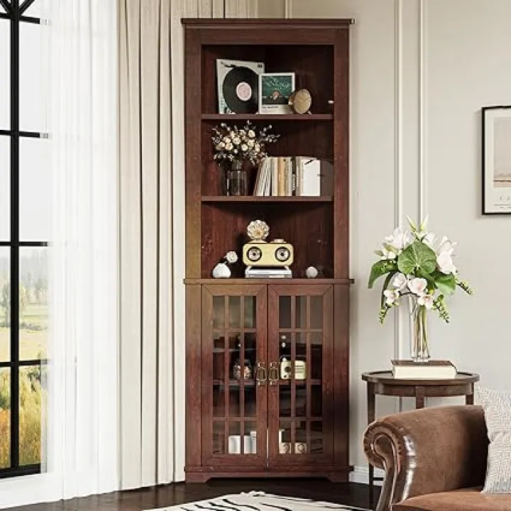 IRONCK 71.3'' Tall Corner Cabinet, Mid Century Storage Cabinet with Glass Doors & Adjustable Shelf, Bathroom Storage with 3 Open Shelf, Home Space Saver for Bathroom, Living Room, Kitchen, Red Walnut