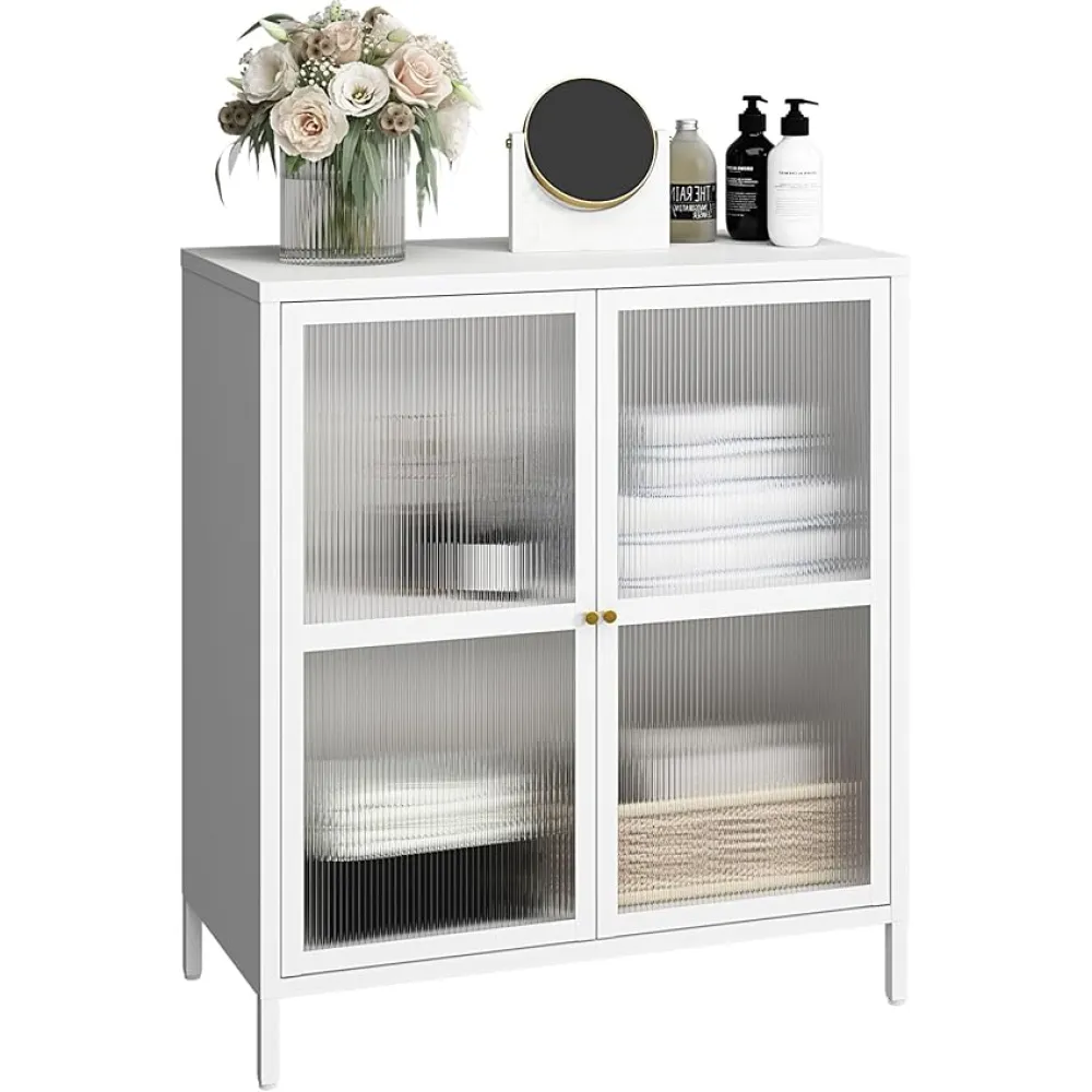MIOCASA Metal Storage Cabinet with Frosted Glass Doors - Multi-Purpose Buffet Sideboard Cabinet, Adjustable Shelf & Leveling Feet, Modern Design for Living Room, Kitchen, Entryway (White)