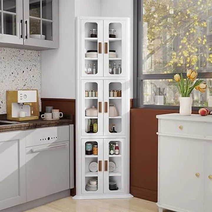 VECELO 3-Tier Tall Corner Cabinet with Doors & Adjustable Shelves, Waterproof & Dustproof, Easy to Clean, Anti-tip, Space Saving, Corner Storage Cabinet for Kitchen, Living Room, Bathroom, White