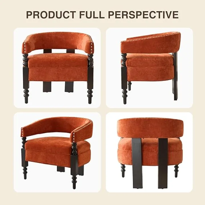 Modern Barrel Accent Chair, Chenille Fabric Upholstered Armchair with Solid Wood Legs, Cozy Leisure Nook Reading Chair with Comfy Seat for Living Room, Bedroom, Red