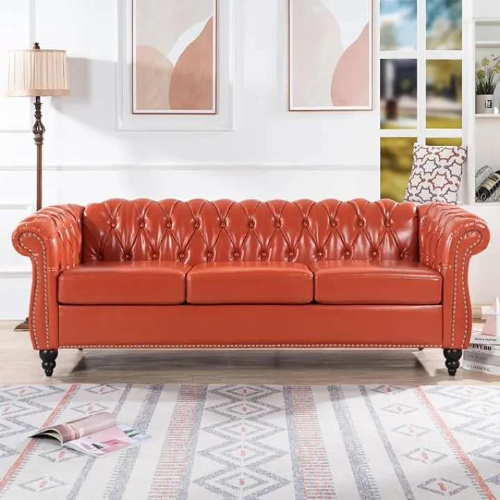 Luxury Rolled Arm Chesterfield Sofa with Pocket Spring Support, US TB117 Compliant Upholstery, Reinforced Solid Wood Frame, and Easy-Clean PU Leather for Living Room (Orange,3-Seater)