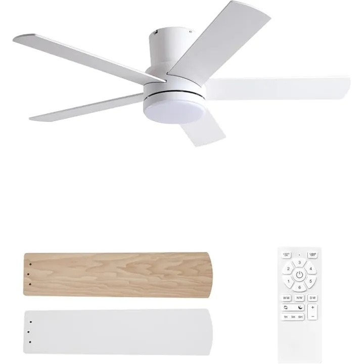 42 Inch White Ceiling Fan with Light Flush Mountand Remote Control,Dimmable 3 Color Temperatures LED Ceiling Fan,6 Speeds Reversible DC Motor,5 Blades Modern Ceiling Fans for Indoor or Covered Outdoor