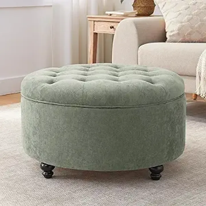 HUIMO 30-Inch Round Storage Ottoman, Modern Button Tufted Coffee Table with Removable Top, Upholstered Ottoman with Storage Footrest Stool for Living Room, Bedroom and Office(Green)