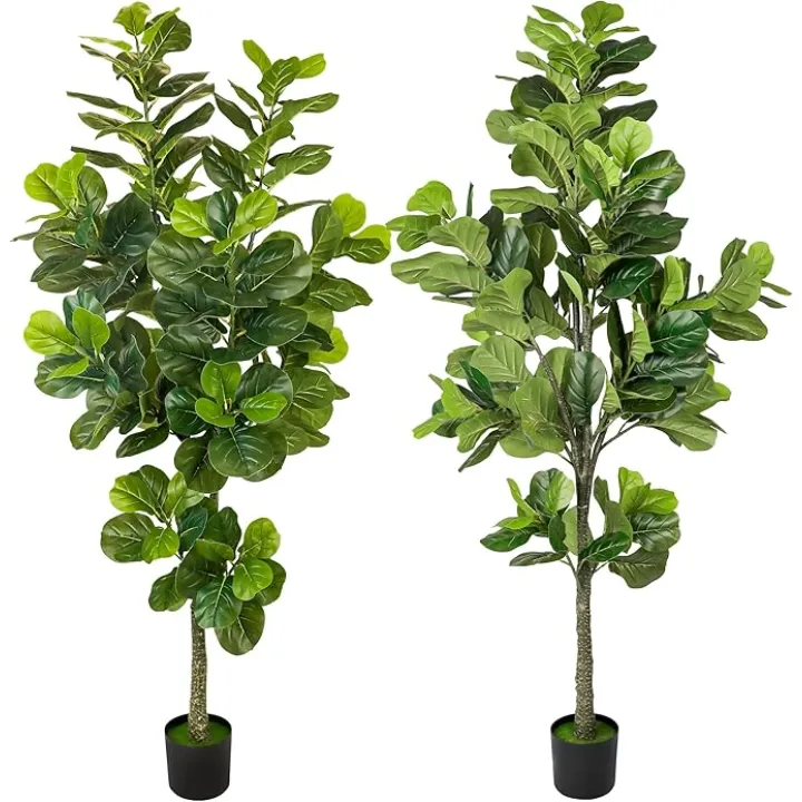 Worth Garden Artificial Fiddle Leaf Fig Trees 6.2ft Tall Faux Plants with Pots, Indoor Outdoor Greenery for Home Office Living Room Bedroom Decoration, Set of 2