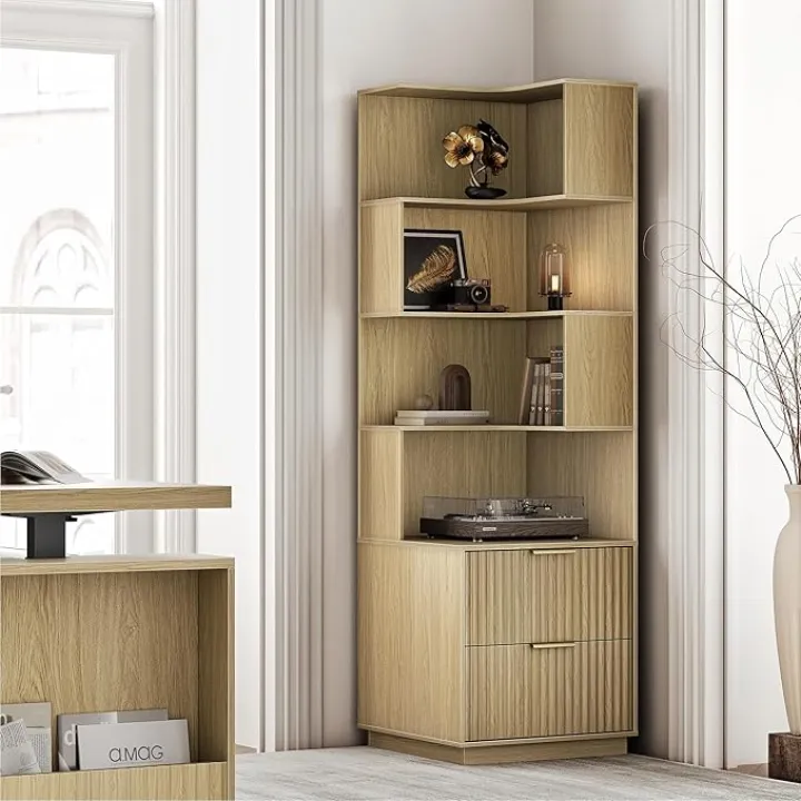 Corner Bookshelf with Drawers, 5 Tier Fluted Corner Bookcase with Storage, 71” Tall Bookcase with Storage Display Rack with Baffles for Home Office and Living Room, Light Walnut