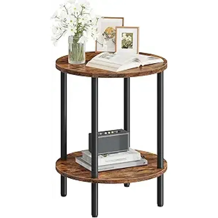 Round Side Table, 2-Tier End Table, Small Side Table with Metal Tube, Industrial Coffee Table, for Living Room, Bedroom, Rustic Brown and Black TBZ11BF