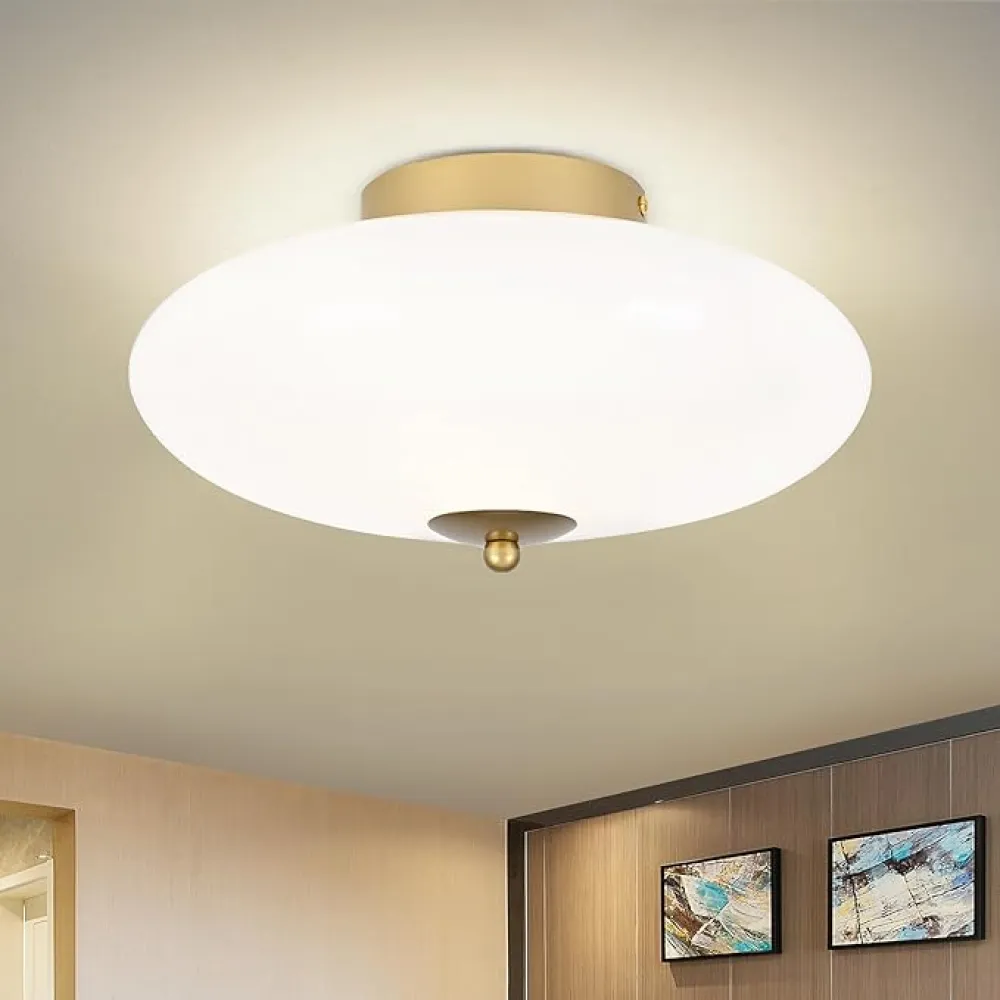 Dimmable Mid-Century Modern Gold Semi Flush Mount Ceiling Light with Glass Shade,Adjustable Brightness LED Kitchen Light Fixture 4000K Close to Ceiling for Kitchen,Bedroom,Hallway 11.8 in