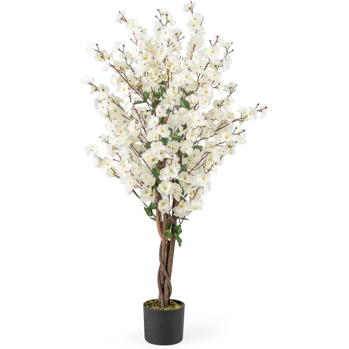 Goplus 47” Artificial Wintersweet Tree, Faux Plum Blossom Plant with White Fabric Flower, Solid Wood Trunk, Fake Potted Floor Plant for Indoor, Home, Office, Living Room, Porch