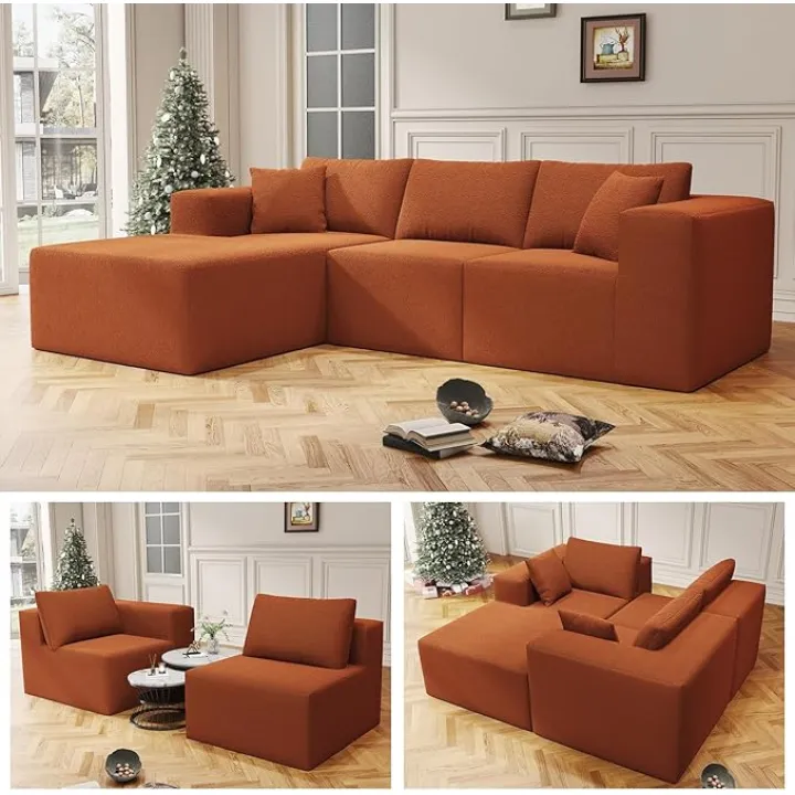 108" Cloud Sectional Couch with L-Shape Chaise,4 Seat Modern Modular Sofa with Deep Seat, Upholstered Couches for Living Room Bedroom, Sectional boneless couch with pillows,No Assembly Required Orange