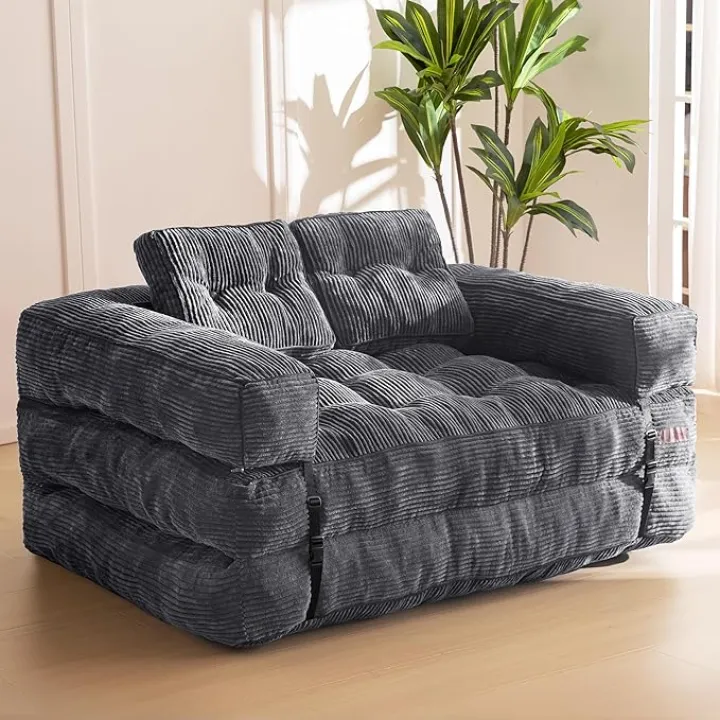 MAXYOYO Folding Sofa Bed, L-Shaped Convertible Sofa Bed with Armrest Foldable Sleeper Couch with Pillow, Portable Fold Out Chair Comfy Floor Couch Lounge for Living Room Bedroom, Dark Grey, Double