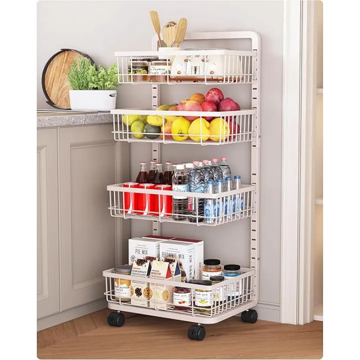 UMDONX 4-Tier Kitchen Storage Cart Metal Snack Cart Adjustable Fruit Basket on Wheels Stand Baskets for Potato Onion Produce White