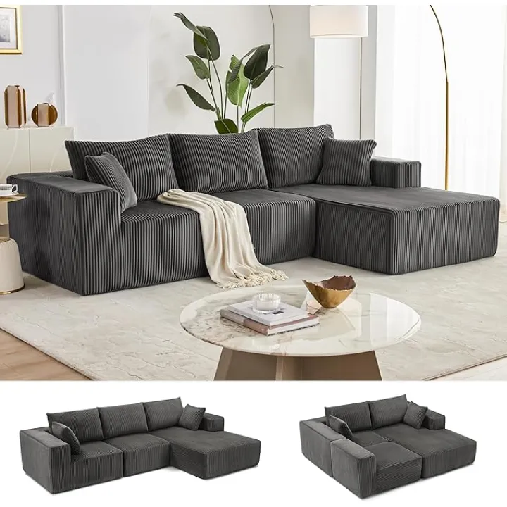 108” Modular Sectional Sofa, Cloud Sectional Couch with Deep Seat, Modern Modular L-Shape Sofa with Chaise,Upholstered Couches for Living Room Bedroom (Corduroy, Darkgrey)