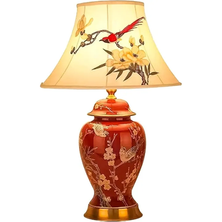 Red American Ceramic Table Lamp for Living Room with White Fabric Lampshade and Ceramic Body Chinoiserie Lamps for Bedroom Office College Bookcase（W 13 inches）