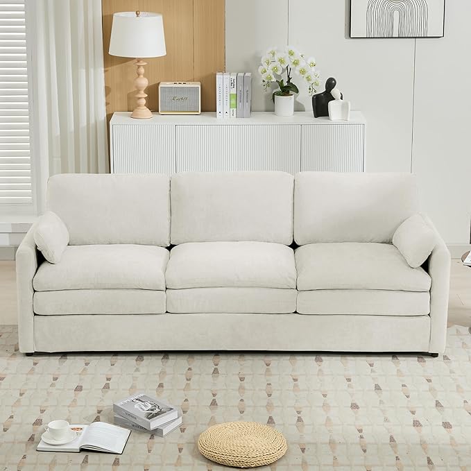 89" Oversized Cozy Upholstered 3-Seater Sofa, Comfy Cloud Sofa with Detachable Lumbar Pillow, Chenille Fabric Cloud Sofa Double Cushion Couch for Living Room (Beige-3c)