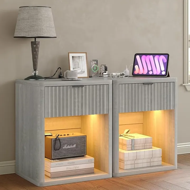 Night Stand Set of 2 Nightstands with Drawer Storage Bed Side Table End Table Large Modern Wood Wide Bedside Stand Mid Century Night Stands for Bedroom Living Room Sofa Couch Office, Grey