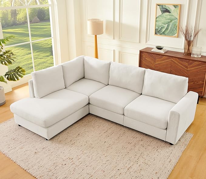 L Shaped Couch with Chaise, 100“ Convertible Sectional Corner Couches for Living Room, Breathable Chenille Fabric, Modern 4-Seater Corner Sofa for Apartment, Small Spaces, Cream White