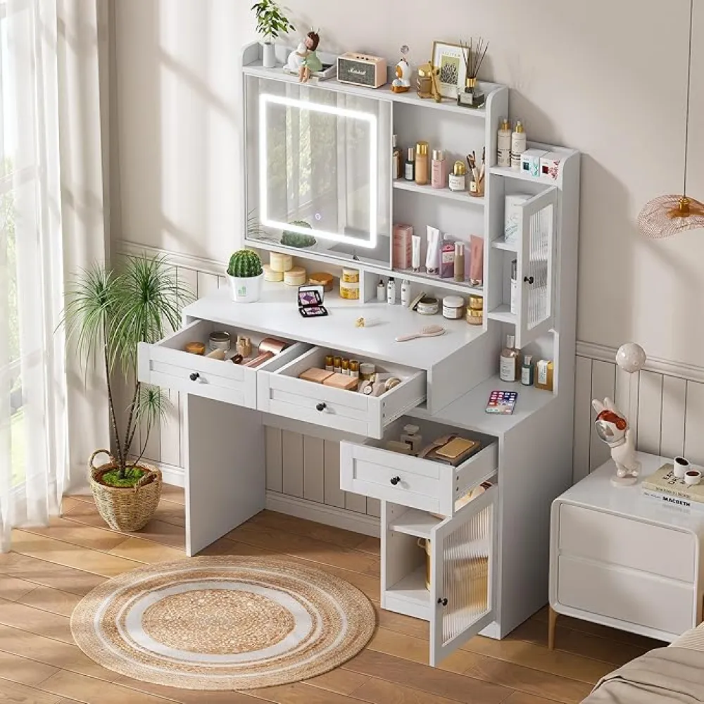 Modern 3 Color Modes LED Lights Vanity Desk with Sliding Mirror,White Makeup Vanity with 3 Drawers 6 Open Storage Shelves and 2 Adjustable Glass Cabinet,Dressing Table for Grils Bedroom