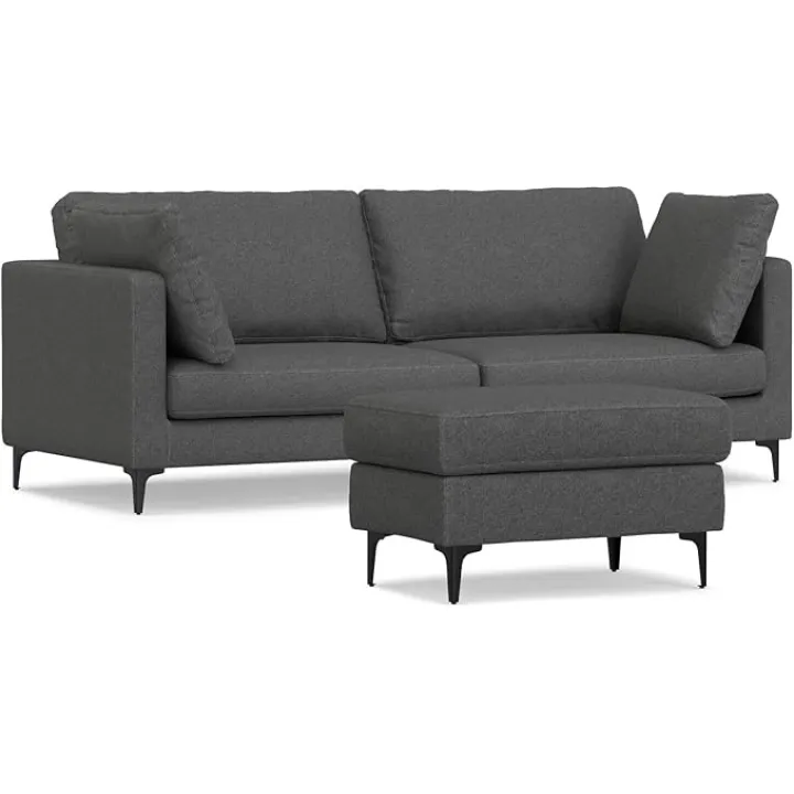 Eclectic Exclusivity 90-inch Sofa and Ottoman Set in Pebble Grey Performance Fabric, Ideal for Living Rooms