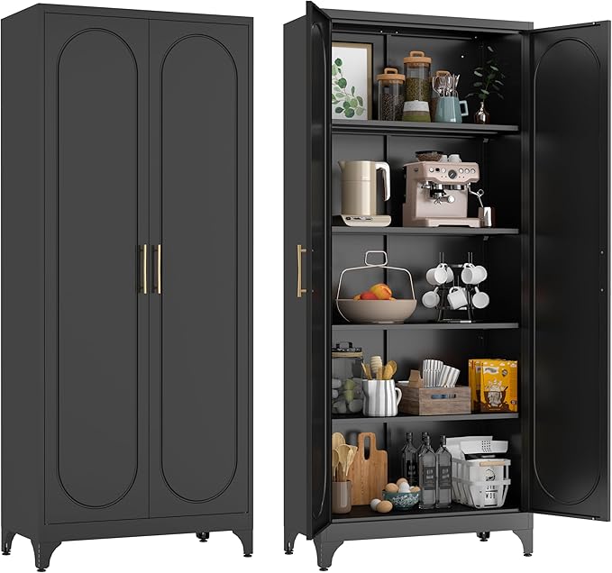 75” Metal Kitchen Pantry Storage Cabinet, Tall Storage Cabinets with Drawers and Adjustable Shelves, Modern Kitchen Hutch Cabinet，Freestanding Cupboard for Dining Living Room