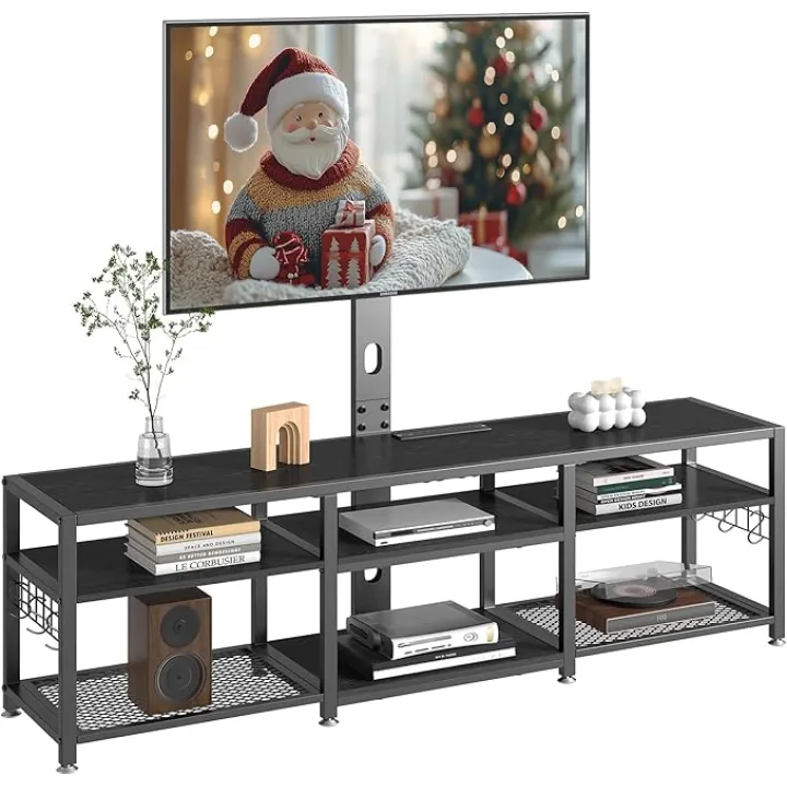 VECELO 63" TV Stand with Mount and Power Outlets, Entertainment Center Console with Open Storage Shelves, Height Adjustable Mount up to 75”, Wooden Table and Metal Frame for Living Room, Modern Black