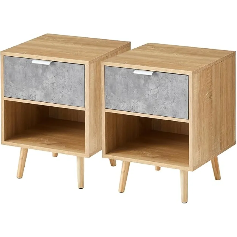 Wooden Night Stand Set 2, Wood Bedside Table with 1 Drawer Metal Handle, Modern Nightstands Side end Table for Bedroom Home Storage Furniture