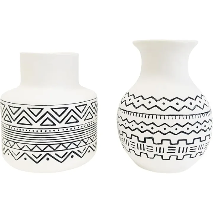 Handcrafted Nordic Ceramic Vase Set of 2 — Geometric Boho Farmhouse Centerpiece for Living Room, Modern Coffee Table & Shelf Decor with Textured Black Lines