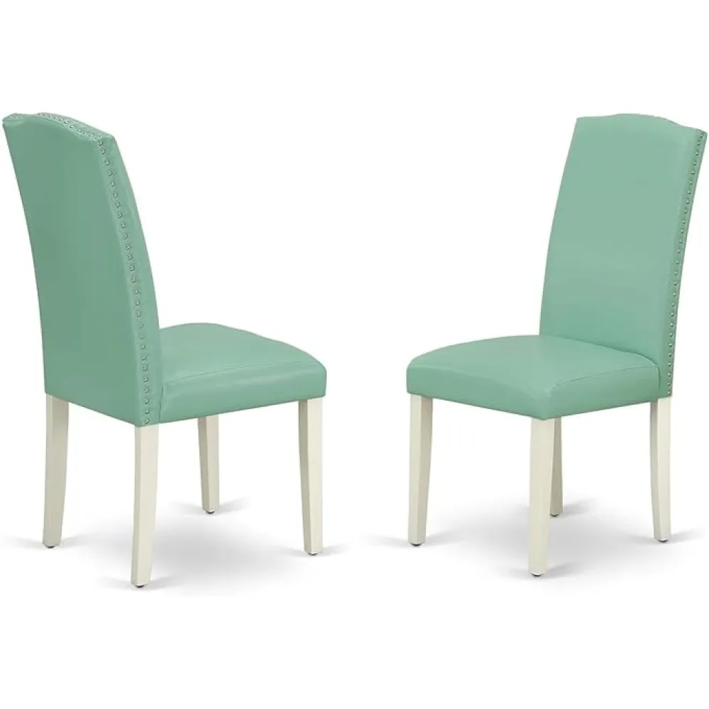 ENP2T57 Encinal Parson Kitchen Chairs-Nailhead Trim Pond Faux Leather Padded Dining Chairs, Set of 2, Linen White