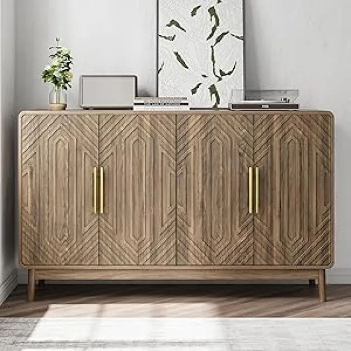 Buffet Cabinet with Storage,Carved 4 Door Sideboard,Multifunctional Accent Cabinet with Adjustable Layer Board for Living Room, Entryway, Hallway, Office, Kitchen and Dining Room