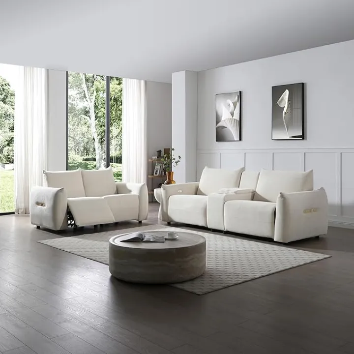 Power Recliner Sofa Set with LED, Living Room Furniture Set, Leather Sofa Set with USB Port Storage Console Cup Holder