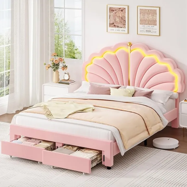 Keyluv Queen Upholstered LED Bed Frame with Storage Drawers, Velvet Princess Platform Bed with Adjustable Modern Shell Headboard, No Box Spring Needed, Noise-Free, Pink