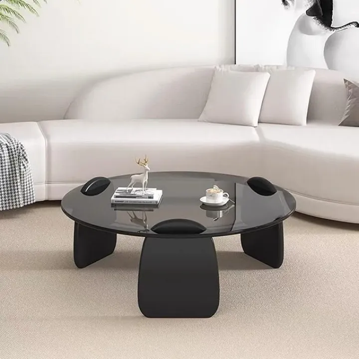 Modern Round Glass Coffee Table for Living Room with Wood Base, 35.43" D x 35.43" W x 13" H, Mid Century Circular Center Coffee Tables (Black-Grey Glass/35.43 ")