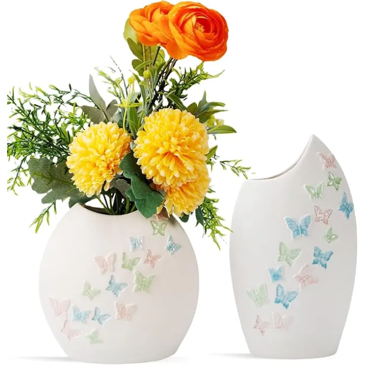 White Ceramic Vase Set of 2, Handcrafted Ceramic Flower Vase with Butterfly Design, Modern Nordic Boho Decor for Shelf, Coffee Table, Living Room, Office, Kitchen