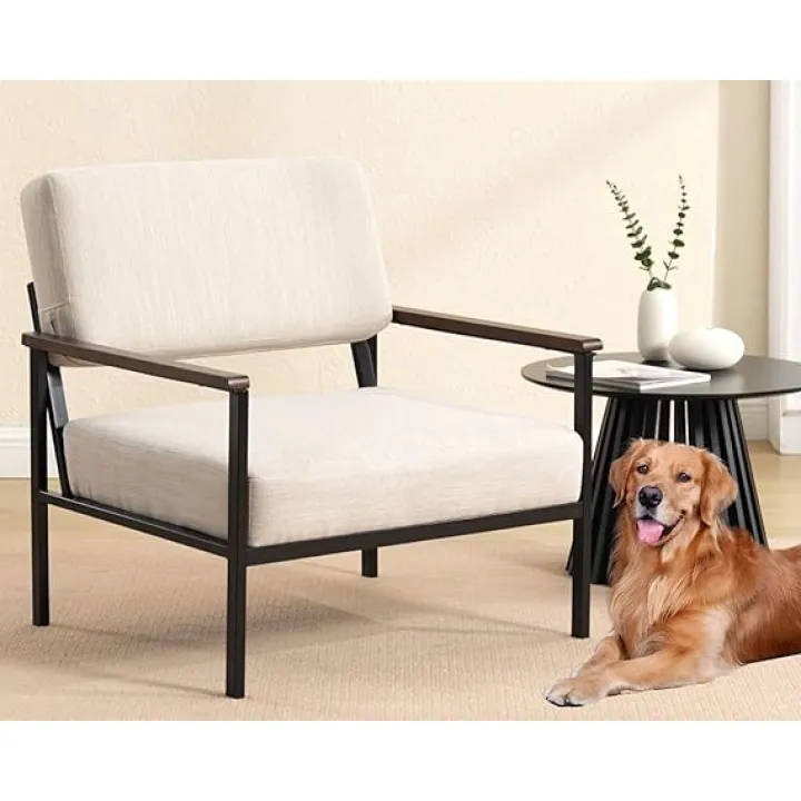 Mid Century Modern Accent Chair Set of 1, Beige Linen Upholstered Armchair with Black Metal Frame, Comfortable Lounge Reading Chair for Living Room, Bedroom, Office Reception