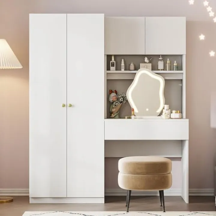 XD Designs Versatile 60''W Home Office Desks with 2-Door Wardrobe, Shelves and Drawer, Wooden Writing Desk Office Study Workstation for Office Study Room Bedroom (White-2 Doors)