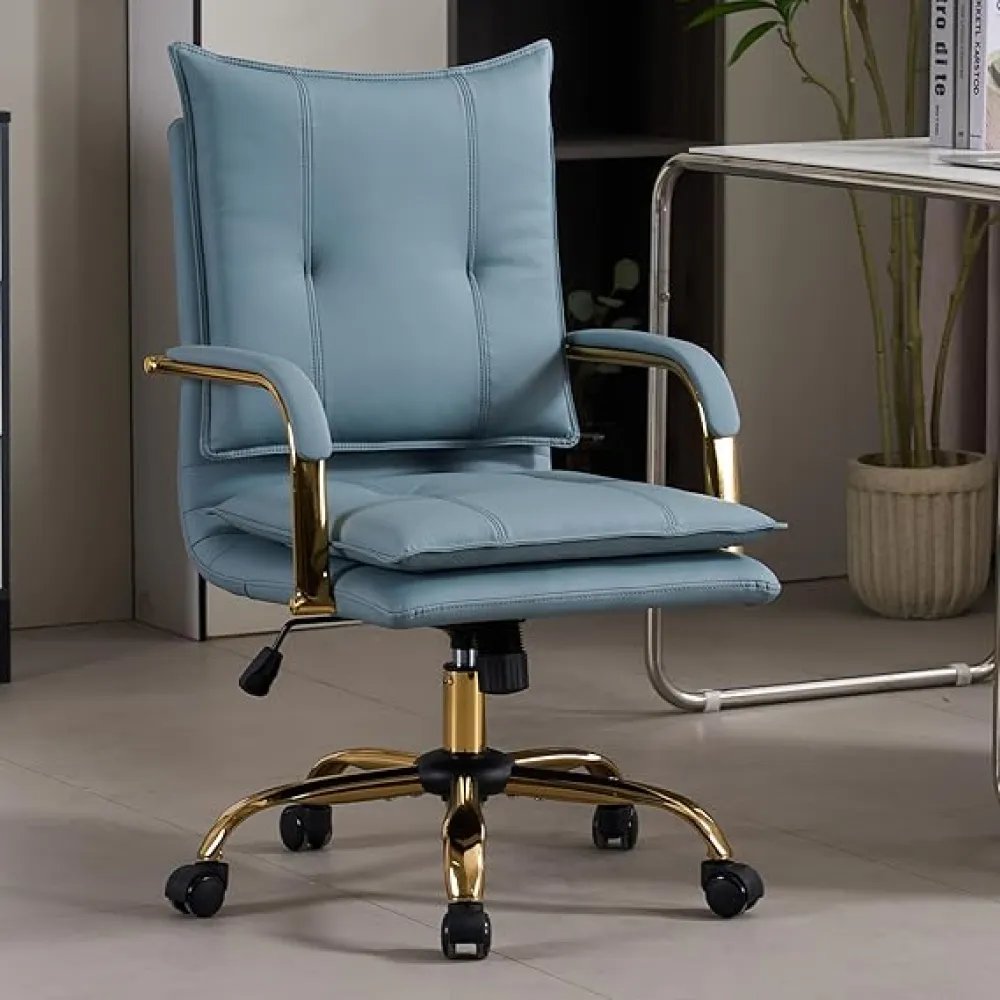 Ergonomic Mid-Back Leather Office Chair, Modern Upholstered Executive Task Chair, Adjustable Swivel Design with Gold Legs and Armrests, Sage