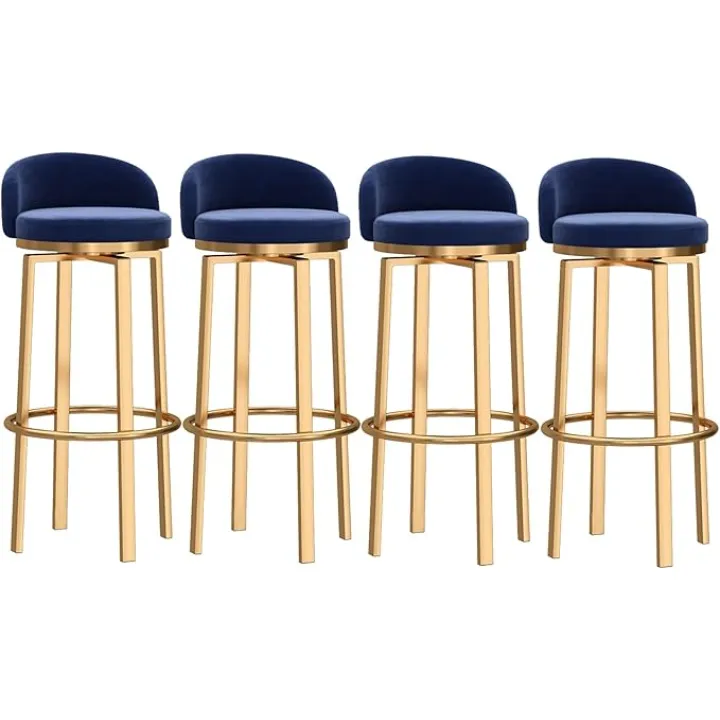 Set of 4 White Velvet Bar Stools with Swivel and Backrest for Modern Kitchen Island/Home Bar 29.5In Counter Chairs with Metal Legs -Blue 4 Pcs-65cm(25.6in)
