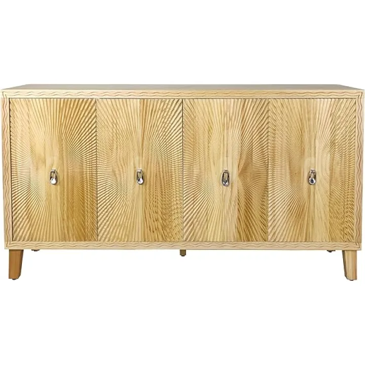 Vintage 4 Door Storage Cabinet with Carved Scatter Pattern, Multifunctional Buffet for Living Room or Kitchen, Natural Finish