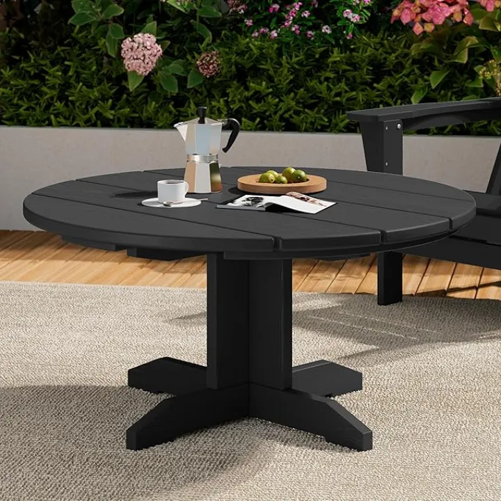 SERWALL Outdoor Coffee Table, HDPE Patio Round Coffee Table for Balcony, Garden, Backyard (Black)