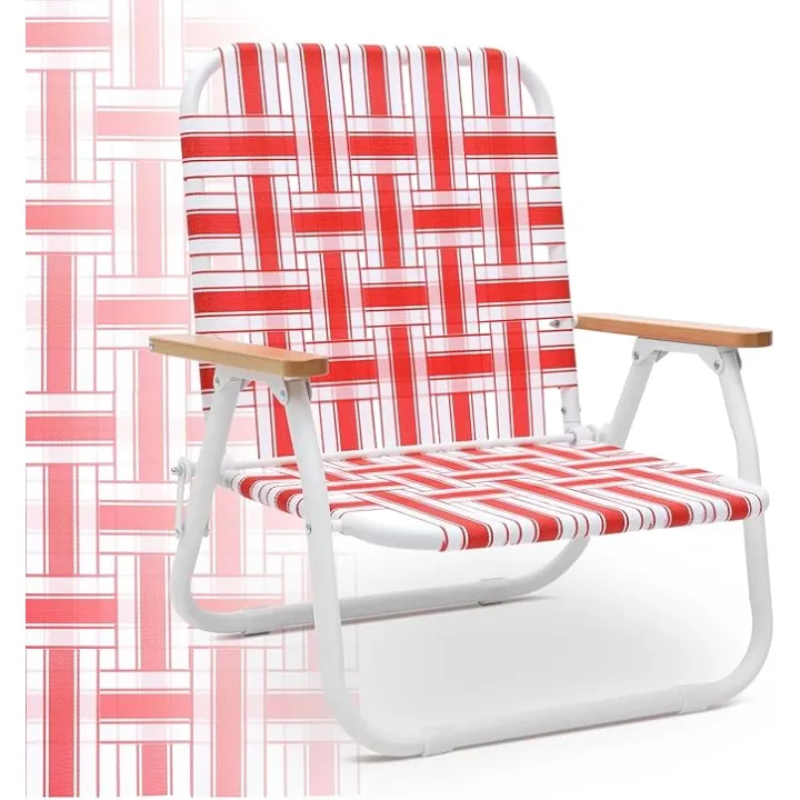 Sekey Camping Chair, Beach Chair for Adults with Highback, Folding Lawn Chair with Webbed Airflow Mesh, Patio Chair with Rust-Proof Coating, Webbed Lawn Chair for Outdoor, Fishing, Backyard, Red